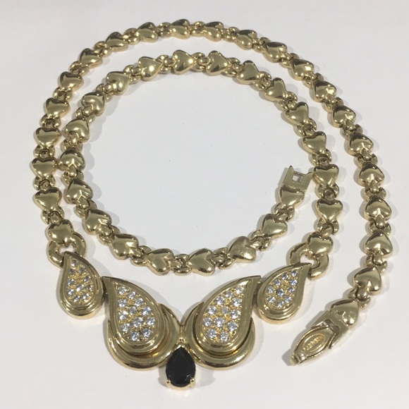 14k Yellow Gold Heart ❤️ Link Necklace W/Cz Stones - Picture 5 of 6